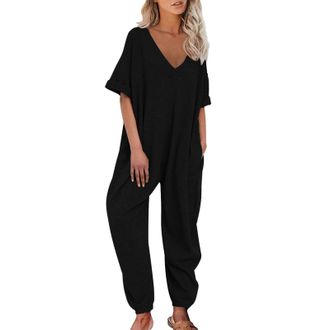 Generic Jumpsuit Womens Cuddly Oversize Jumpsuit Short Sleeve V-Neck Elegant Plain Trouser Suit with Pockets Short Sleeve Festive Wedding Romper Baggy Playsui