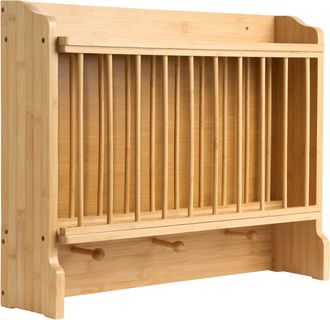 Beliani Soporte Para Platos De Bamb&uacute; Para Colgar En La Pared Con Ganchos Para Tazas Estante Para Platos De Cocina Marr&oacute;n Claro Madeleine