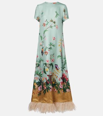 La DoubleJ Swing feather-trimmed silk twill maxi dress