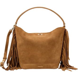 Sandro TANGOSO fringed suede bucket bag in Camel at Nordstrom, Size Medium