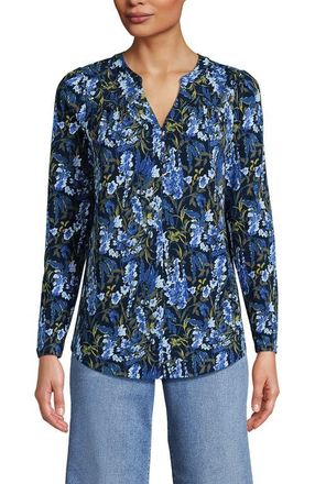 Lands End Long Sleeve Lightweight Jersey Notch Neck Tunic Top in Deep Sea Multi Floral at Nordstrom, Size X-Small