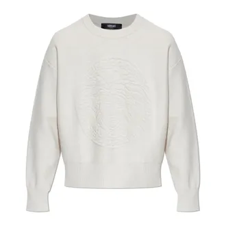 Versace Round-neck Knitwear, female, Beige, Size: 2XS Cashmere-Blend Medusa Knit Sweater