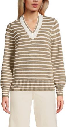 Lands End Drifter Set in Sleeve Vneck Sweater in Champagne/ivory Mini Stripe at Nordstrom, Size X-Large P