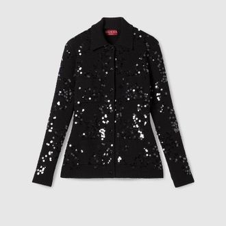 Gucci Tweed Blend Polo Cardigan With Embroidery, Black, Ready-to-wear