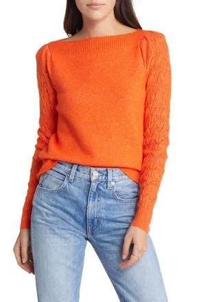 Treasure & Bond Pointelle Sleeve Sweater in Orange Rumba at Nordstrom, Size Small