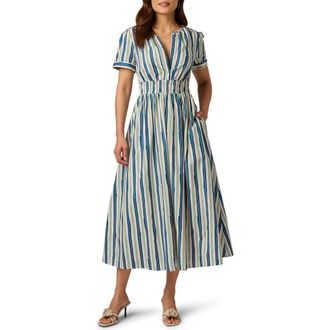 Adrianna Papell Stripe Smocked Waist Midi Dress in Ecru/Navy at Nordstrom, Size X-Large