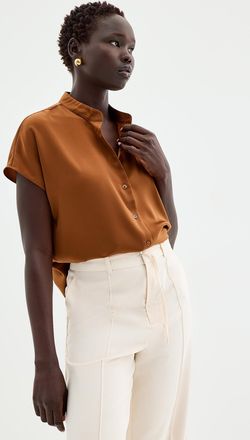 Contemporaine Womens Flowy satin cap-sleeve shirt