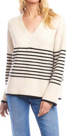 Karen Kane Stripe V-Neck Sweater In Ecru With Black