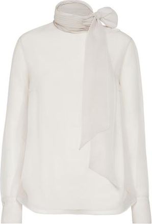 Brunello Cucinelli Pussybow blouse with monili in Beige Silk at Nordstrom, Size 3X-Large Eu