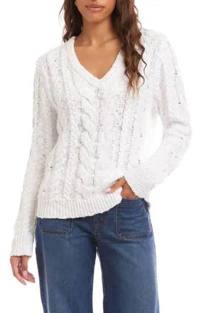 Karen Kane V Neck Cable Sweater In White Eyelet