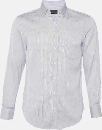 Emporio Armani White & Blue Striped Cotton Button Front Shirt