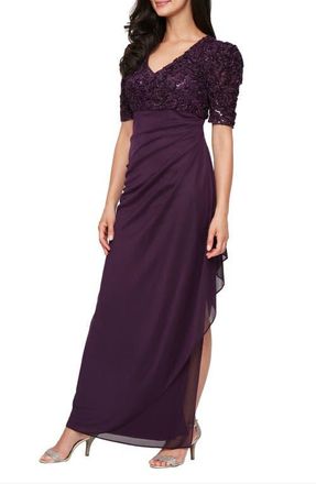 Alex Evenings Embellished Short Sleeve Empire Waist Gown in Deep Plum at Nordstrom, Size 14