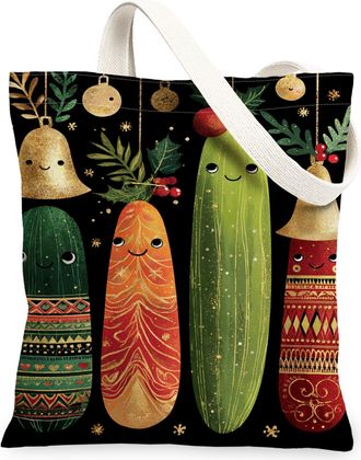Generic Christmas Vegetable Canvas Tote Bags, Fun Holiday Design Reusable Grocery Bags, Fanciful Lightweight Washable Shoulder Stra, Black, 13x15 Inch