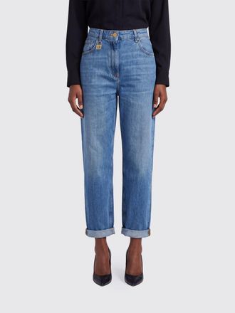 Elisabetta Franchi Jeans cropped in denim di cotone a vita alta con risvolto