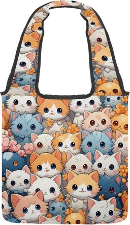 Generic Cute Cartoon Kitten Reversible Canvas Shoulder Tote - Double-Sided Print, 12oz Cotton, 27cm Drop, Fold-Flat Bag for Travel, Shopping, Street Outings