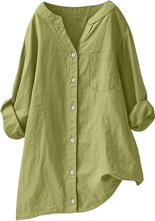 Generic Womens Blouses Elegant Notched V Neck Cotton Linen Tops Long Sleeve Button Down Shirts with Pocket Plain Loose Plus Size Tunic Tops Long Length Tees S