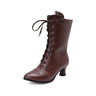 Generic Womens Two-Tone 5.5cm Kitten Heel Lace-Up Mid-Calf Boots for Autumn and Winter,Brown,1.5 UK