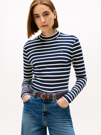 Tommy Hilfiger Langarmshirt TOMMY HILFIGER SLIM CODY MOCK-NK LS, Damen, Gr. XS (34), blau (schwarz night navy, ecru stp), Single Jersey, Obermaterial: 100% Baumwolle