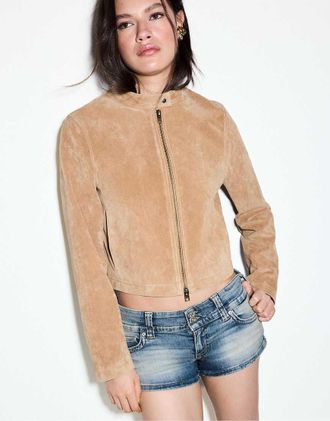 Stradivarius Giacca biker in 100% pelle color pietra-Bianco