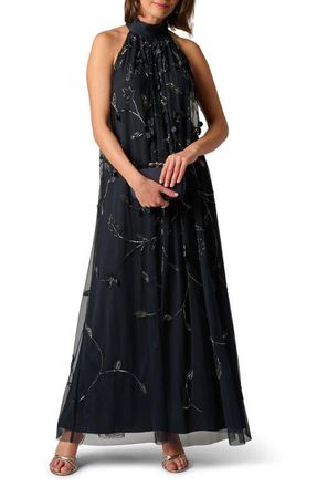 Adrianna Papell Beaded Floral Trapeze Gown in Midnight at Nordstrom, Size 12