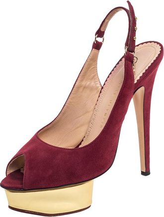 Charlotte Olympia Maroon Suede Slingback Peep Toe Platform Pumps