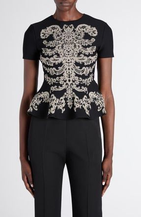 Alexander McQueen Metallic Lace Rib Cage Jacquard Peplum Top in Black at Nordstrom, Size 0 Us