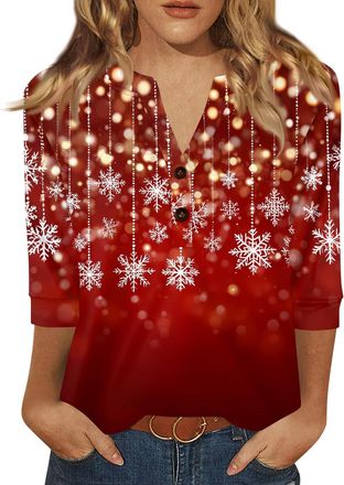 Generic Christmas Jumpers for Women UK 3/4 Sleeve Xmas Tree Printed Sweatshirt Casual V Neck Button Pullover Loose Fit Christmas Blouse Tunic T Shirt Ladies X