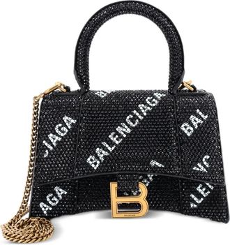 Balenciaga Hourglass Top Handle Bag Suede and Allover Logo Crystals XS satchel - Nero