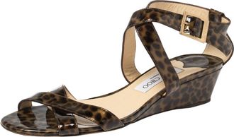 Jimmy Choo London Two Tone Leopard Print Patent Leather Chiara Wedge Sandals