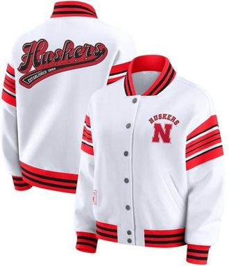 WEAR by Erin Andrews Womens WEAR by Erin Andrews White/Scarlet Nebraska Huskers Satin Stitch Full-Snap Fleece Sweatshirt Jacket at Nordstrom, Size Xx-Large