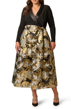Adrianna Papell Jacquard Shawl Collar Dress in Black/gold at Nordstrom, Size 22W