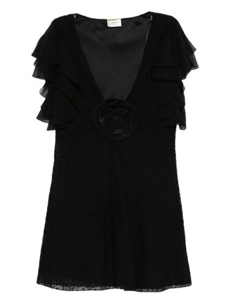 Saint Laurent flower-brooch mini dress - women - Silk/Polyester/Cotton/Silk - 38 - Black