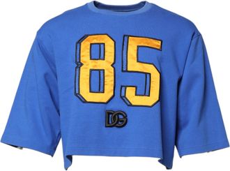 Dolce & Gabbana Blue Printed Cotton Cropped Crew Neck Mens T-shirt