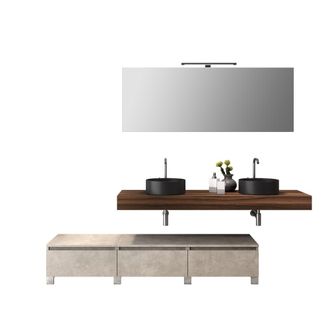 Aquadesign Mueble de ba&ntilde;o de 9 piezas doble lavabo en melamina nogal/piedra beige