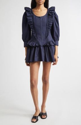 Sandy Liang Callie Ruffle Cotton Poplin Minidress in Navy at Nordstrom, Size 10