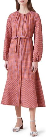 L.k. Bennett Sophie Check Tie Waist Long Sleeve Midi Dress in Orange at Nordstrom Rack, Size 16 Us / 20 Uk