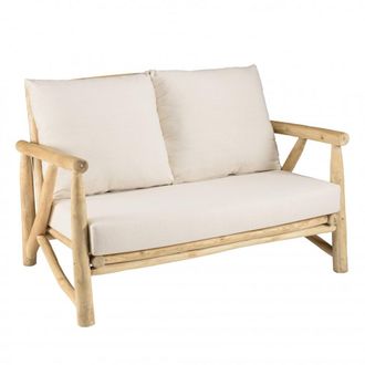 Macabane Sof&aacute; de 2 plazas de ramas de madera de teca y cojines blancos
