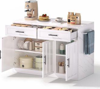 STILVORA Isla De Cocina Con 3 Puertas, 2 Cajones, Estantes Ajustables, Enchufes Y Usb, Toallero, 120 X 60 X 91 Cm