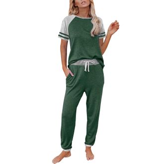 Generic Ladies Short Pyjamas Sets Soft Nightwear Womens Pajamas Set Short Sleeve Sleepwear Tops With Long Pants Set Print Nightwear Womens Lingerie Uk Army Gr