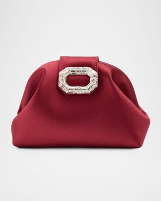 Amina Muaddi Camelia Micro Crystal Buckle Satin Clutch Bag