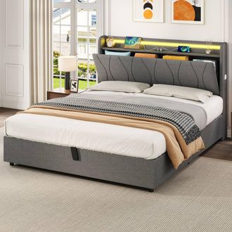 Merax 4ft6 Double Linen Hydraulic Storage Bed with LED in Grey