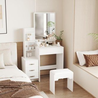 Home Source Industries Arlo 4 Drawer Dressing Table Vanity Desk With Mirror Cushioned Stool White
