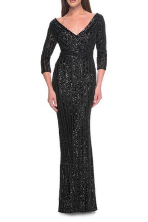 La Femme Evening Dress in Unique Sequin Fabric with Sleeves in Black at Nordstrom, Size 6
