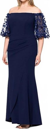 Xscape Long Illusion Sleeve Off The Shoulder Dress Maxi Dress In Navy