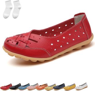 Generic Orthopedic Loafers for Women, Womens Loafers & Moccasins,Hollow Out Comfortable Leather Round Toe Flats (Red, Adult, Women, 6, Numeric, UK Footwear Si