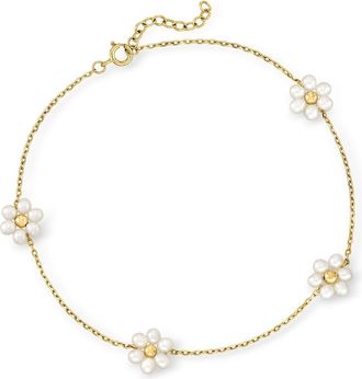 RS Pure by Ross-Simons 3-3.5mm Cultured Pearl Flower Station Anklet in 14kt Yellow Gold