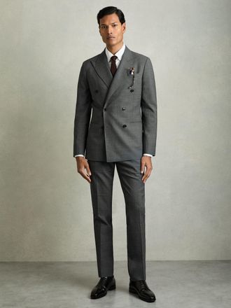 Reiss Charcoal Grey Regular-fit Double-breasted Sharkskin Wool-blend Suit Blazer, 42R