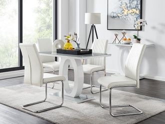 Furniturebox Giovani Grey White Modern High Gloss & Glass Dining Table & 4 Lorenzo Chairs Set in Off-White