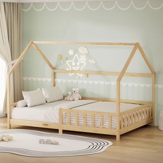 ML Design Ml-design Cama Infantil 140x200cm Natural, Con Protecci&oacute;n Antica&iacute;da, Techo Y Somier, Estructura Listones De Madera De Maciza De Pino Lecho Doble Monte