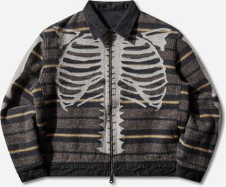 KAPITAL Men s 14oz Black x Black Denim Bone Lining Reversible Zip-Up Work Jacket Black